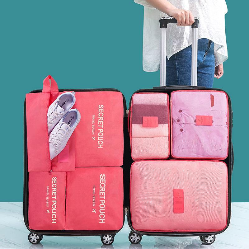Conjunto de Armazenamento de Viagem de Seis Peças: Bolsas de Quatro Compartimentos para Roupa Íntima, Sacos de Grande Capacidade para Roupas e Sapatos em Mala