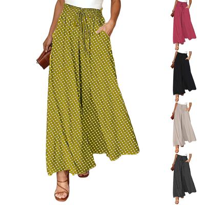 Women's Fashionable Bohemian Wide,leg Trousers With Elastic Waist And Polka Dot Print Long Skirt Pants
