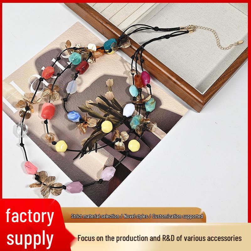 Retro Bohemian Ethnic Style Woven Necklace with Resin Pendant and Layered Rope Chain Electroplated