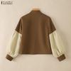 ZANZEA Women CasuaL Stand Collar Splice Puff Long Sleeve Blouse
