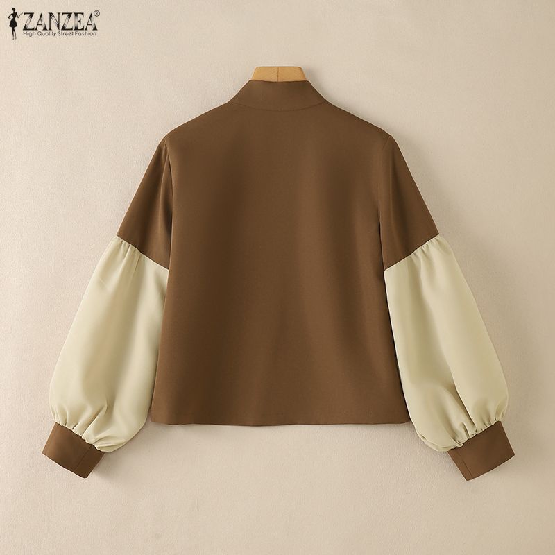 ZANZEA Women CasuaL Stand Collar Splice Puff Long Sleeve Blouse