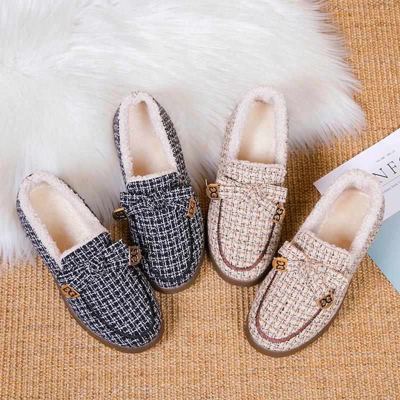 Winter piled and thickened Doudou shoes, old Beijing cotton shoes, fashionable plaid to keep warm, lazy people pedal non-slip fluffy shoes