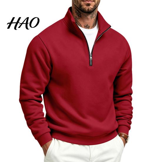 Outdoor Fitness Clothing Mens Quarter Zip Sweatshirt, Stand Collar Athletic Fleece Pullover, Ribbed Hem Cuffs, Casual Streetwear Hoodie Long