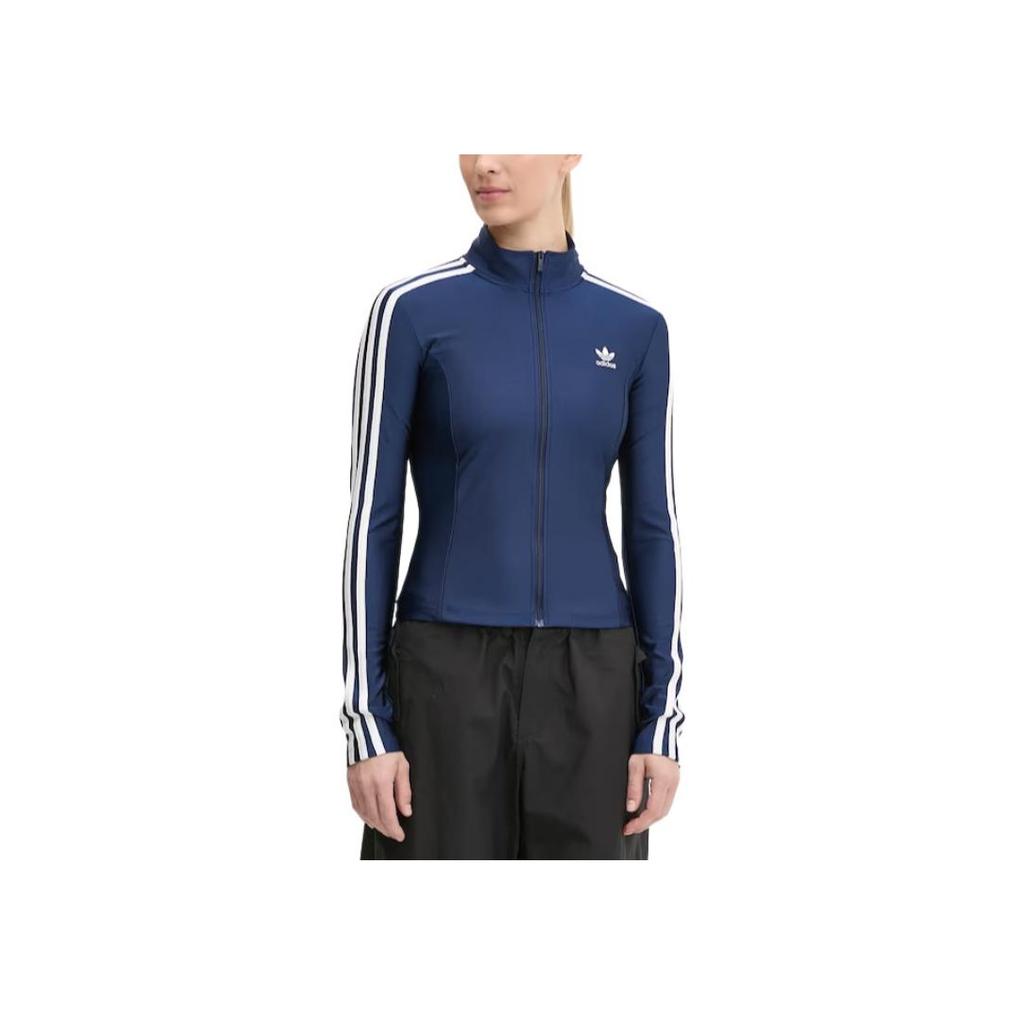 adidas Originals Striped Stand Collar Zipper Long Sleeve Slim Jacket Women Jackets Midnight-Blue JD5023