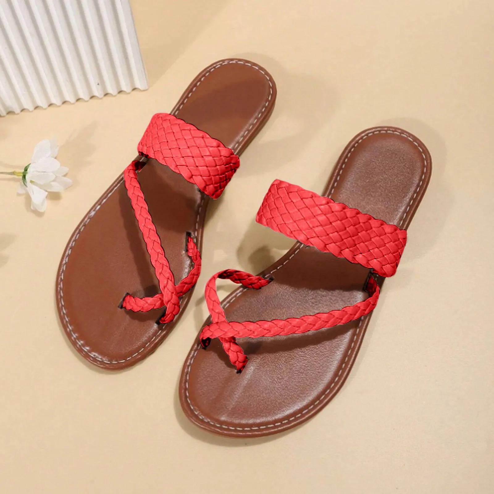 

2025 Модные женские летние тапочки, однотонные сандалии на плоской подошве, нескользящие тапочки, шлепанцы, сандалии, новый тренд, повседневная обувь в стиле бохо 43 красный