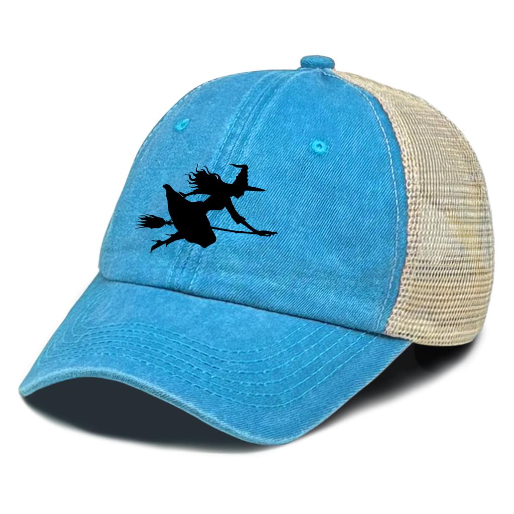 Black Witch Broom Printed Mesh Cap Adjustable Lightweight Baseball Cap Stylish Casual Hat For Unisex Women Hiking Tennis Daily