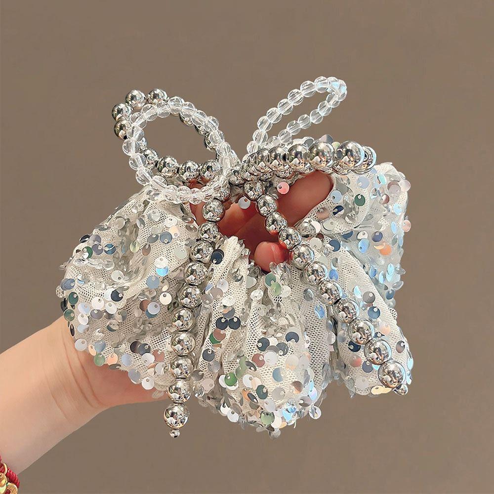 Silver Elastic Hair Tie Beaded Hair Bands 2025 New Bowknot Hair Scrunchie  for Women Girls