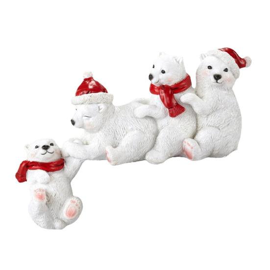 Christmas Polar Bear Family Figurine Santa Hat Red Scarf Four