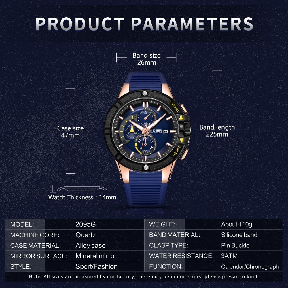 MEGIR Watches for Men Chronograph Fashion Sports Wristwatch Silicone Strap Waterproof Multi-functional Quartz Watch Clock 2095