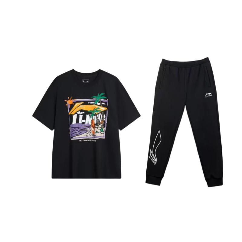 

Li-Ning Hand-Painted Pattern Printed Round Neck Short Sleeve T-Shirt Loose Comfortable Long Pants Casual Sports Suit Unisex suit AHSU713-1+YKLU331-1 XL