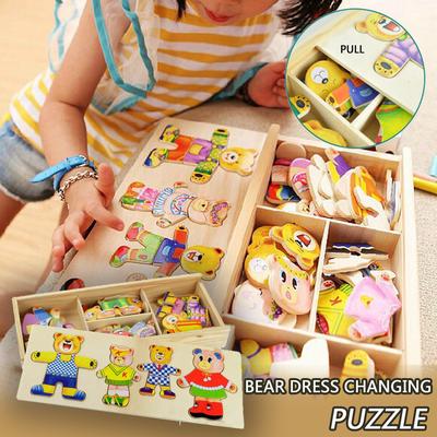 Dřevěné puzzle s kreativními hračkami na učení Ramidos Bear Dress Puzzle