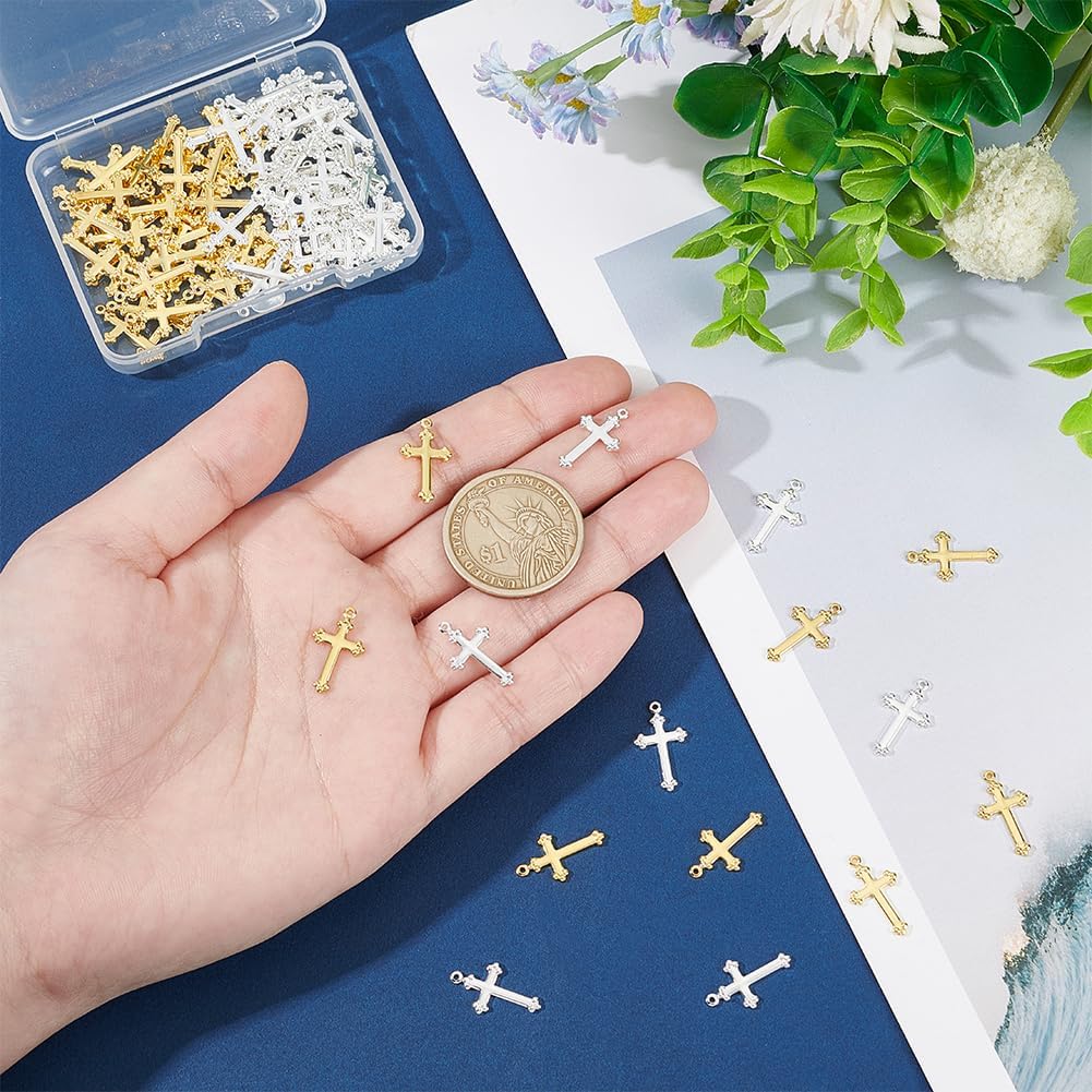 UNICRAFTALE about 100Pcs 2 Colors Cross Charms 17.5mm Mini Cross Pendants Easter Charms Metal Pendants Punk Charms for DIY Jewelry Making Accessory