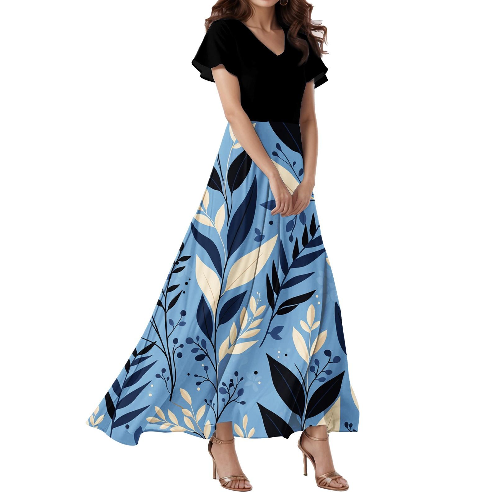 

Жіноча вільна повсякденна сукня з V-подібним вирізом, короткими рукавами, високою талією та квітковим принтом Квіткова сукня L