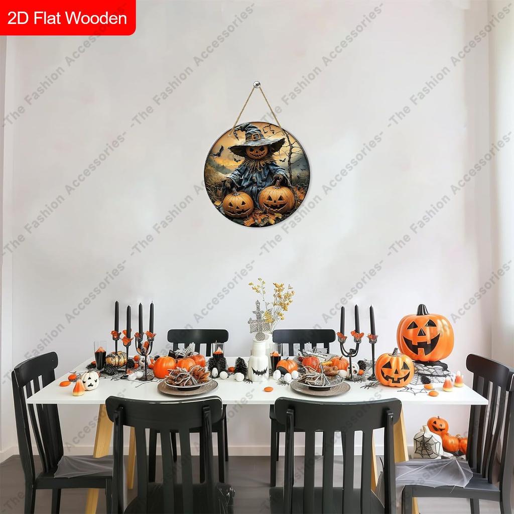 Halloween Pumpkin Scarecrow Witch Hat Bat Round Wooden Hanging Sign, Front Door Porch Decor