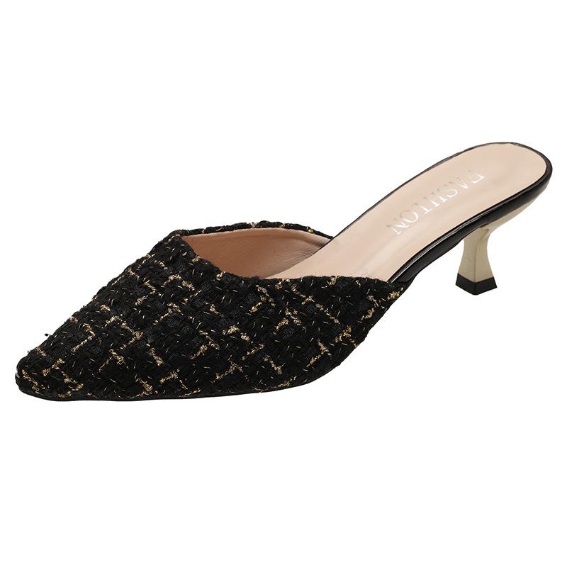 Half slippers women's outer wear 2025 summer new Xiaoxiangfeng bag head versatile woolen cloth square head thick heel Muller slippers