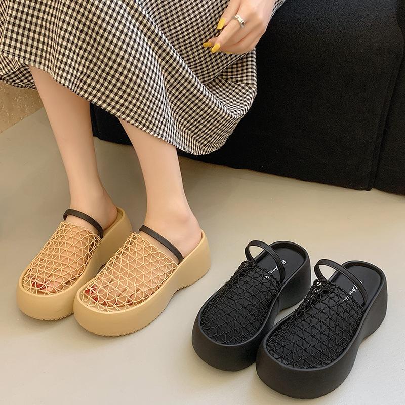 New Summer Design Mesh Hollow Breathable Bag Head Half Slippers Women's Thick-soled Roman Muffin Shoes Sandals