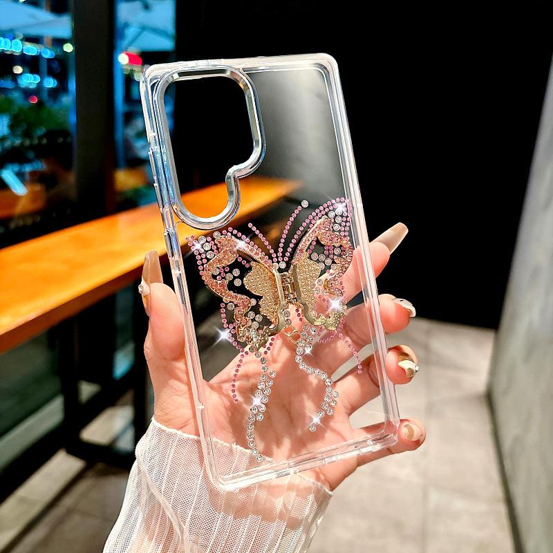 Suitable for Samsung S25ultra Mobile Phone Case S24 Jingdian Color Butterfly Diamond Ring Bracket S23 Fully Inclusive Anti Fall Protection Case