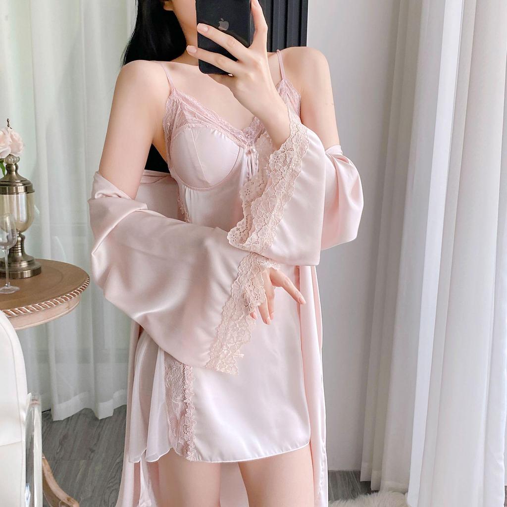 French-Style Ice Silk Lace Nightgown Set: Rich Girl Spring/Summer Two-Piece Camisole Dress with Chest Pads for Home Wear
