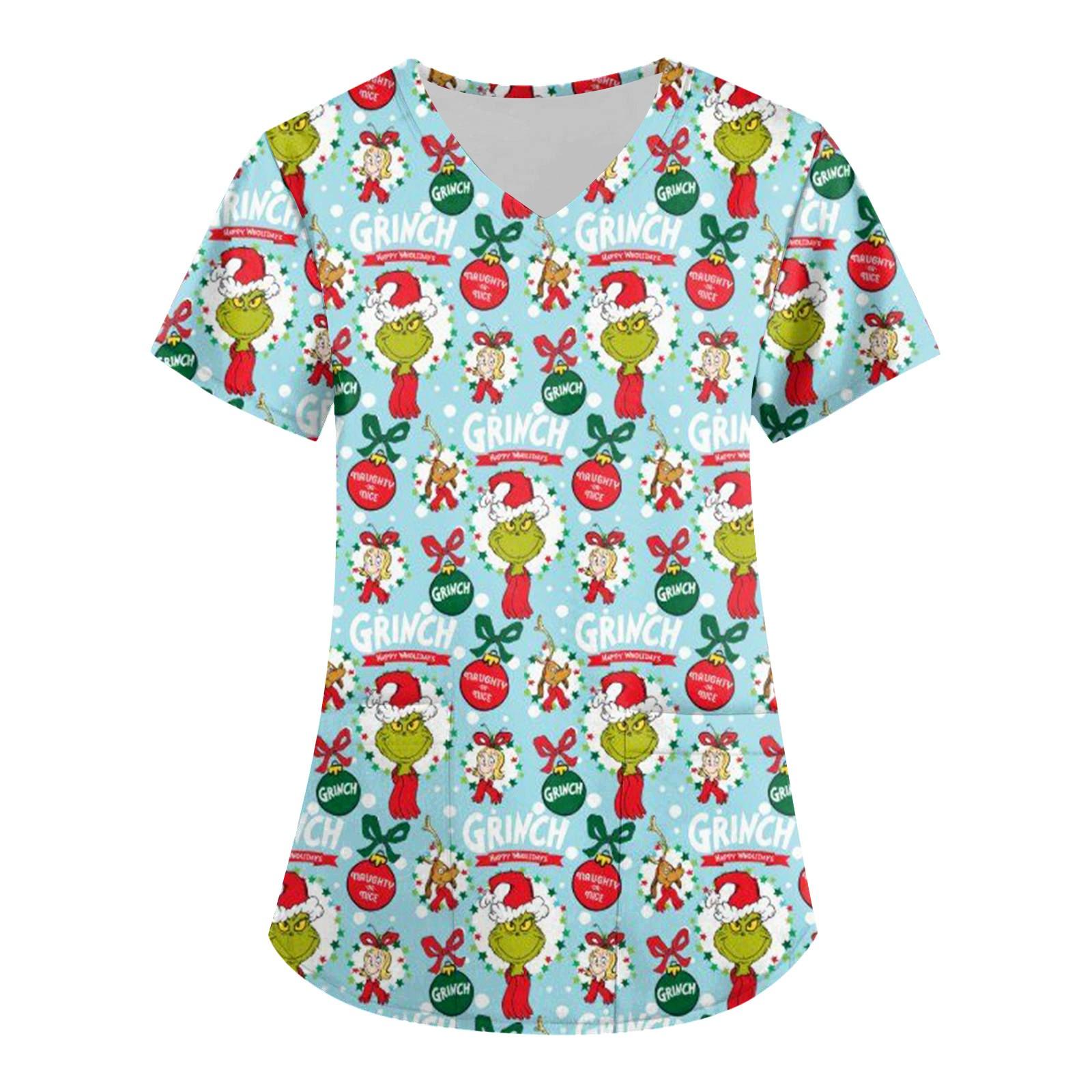 

Women s Fashion Printed Short Sleeve V Neck Pattern Tops Pocket Working T-shirts M