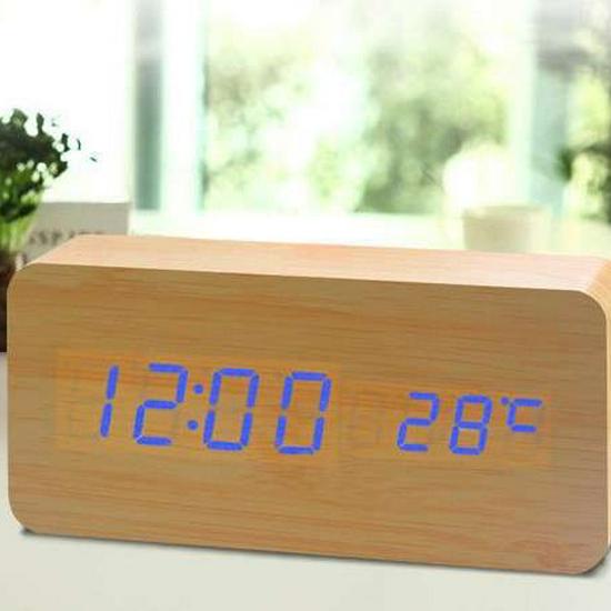 Wooden Sound-Control Luminous LED Alarm Clock with Silent Mode & Temperature Display