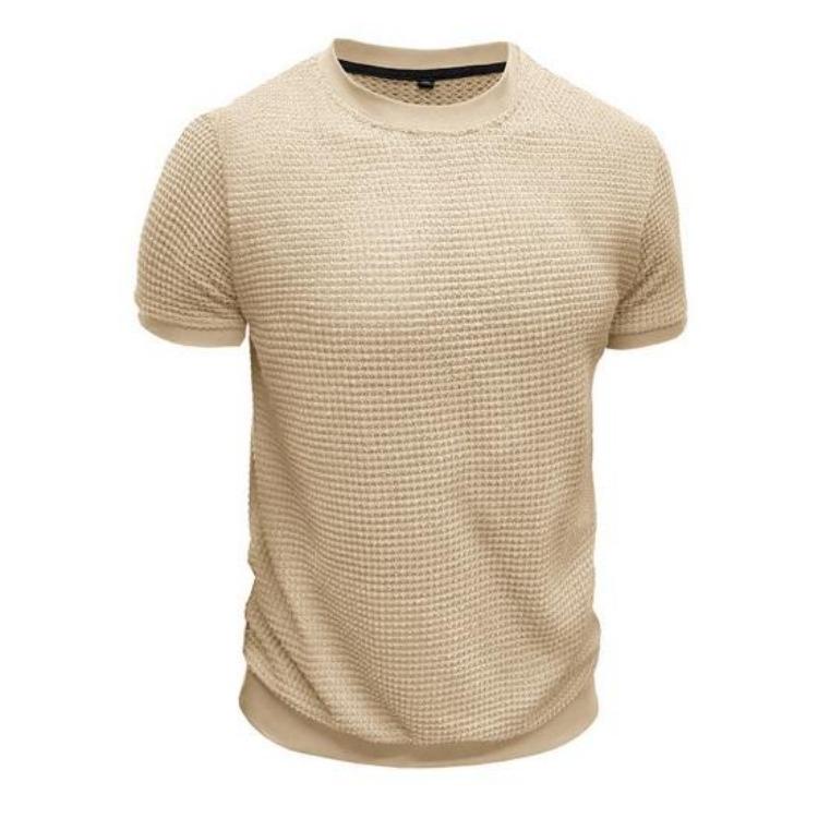 Summer Slim Fit Ribbed Elastic T-shirt Men Casual Knitted Round Neck Short Sleeves Pullover Solid Color Daily Tops Clothes