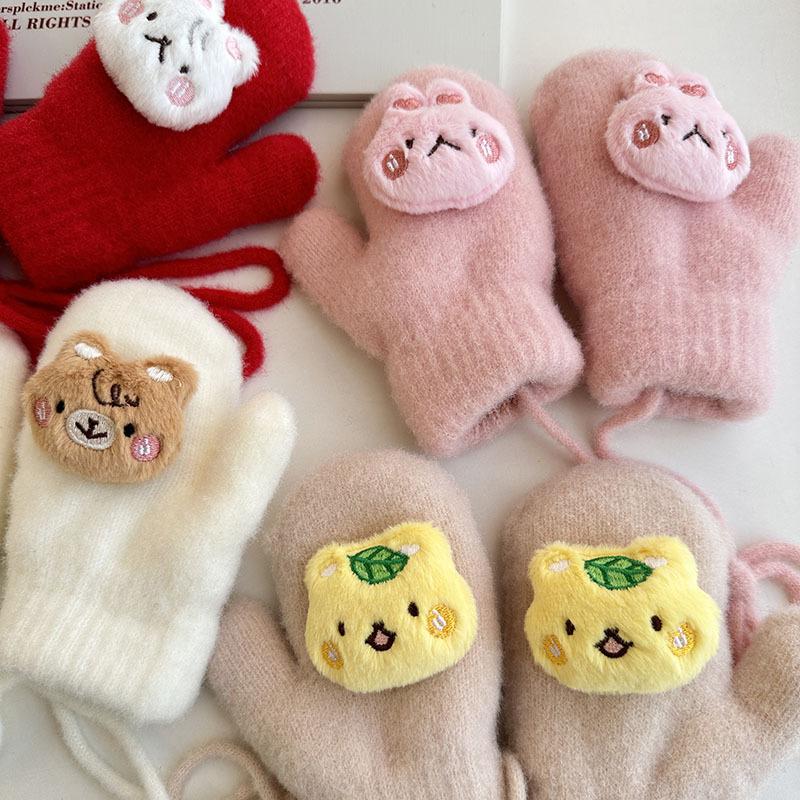 Neue Herbst- und Winter-Fingerhandschuhe für Kinder, Koreanische Version, Cartoon-Babyhandschuhe, Verdickt und Samt, Warm, Mit Nackenband, Fäustlinge