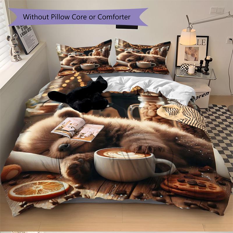 

3pcs Anime Bear Latte Art Pillowcase Set - Includes One Quilt Cover and Two Pillowcases (No Core) - Home Decor, Holiday Gift, Polyester Fabric, A 135x200cm
