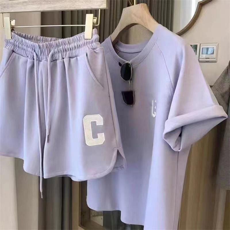 Women's 2025 Summer Korean Style Plus Size Casual Sportswear Set – Short Sleeve Top & Shorts for Running