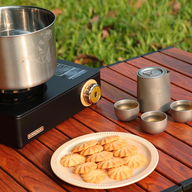 Titanium Alloy Portable Travel Tea Set Teapot Double Layer Teacup Tea Set Suitable for Backpacking Hiking Travel Picnic