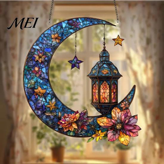 Colorful Glass Suncatcher 2D Acrylic Star Moon Lantern Suncatcher, Crescent Window Hanging Ornament Decoration for Home, Patio, Garden, Ramadan Decor,