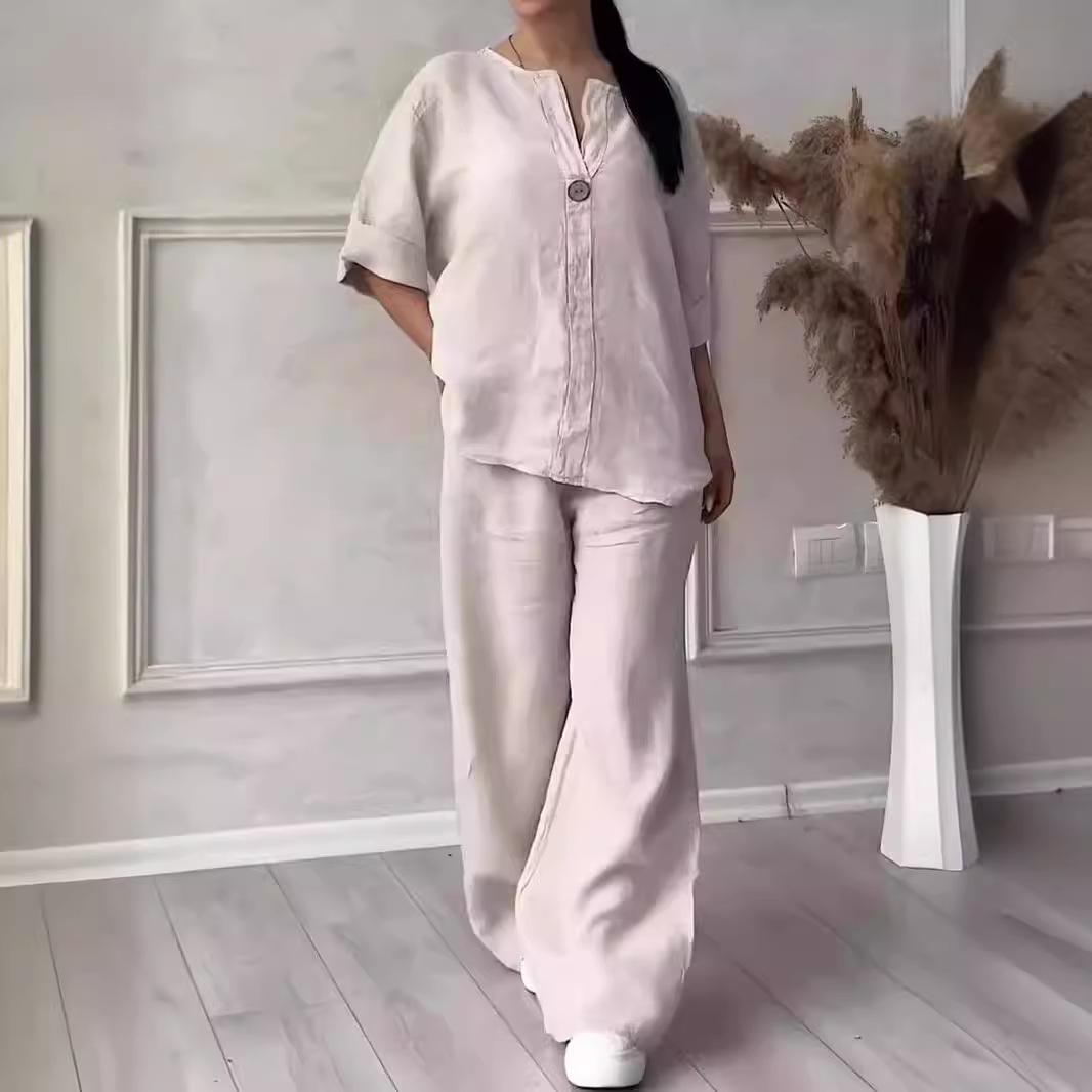 

Женский повседневный однотонный комплект с v-образным вырезом, модный осенне-весенний комплект из двух предметов, комплекты из хлопка и льна, рубашка, широкие брюки, костюм с длинными рукавами XXXL бежевый