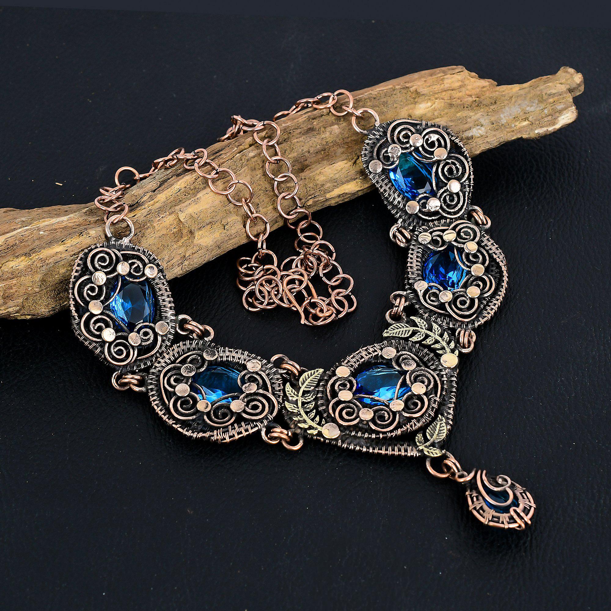 

Ожерелье с голубым топазом, Ювелирные изделия из драгоценных камней, Ожерелье ручной работы, обернутое медной проволокой 999 пробы, Ювелирные изделия новейшего дизайна 18 Inches