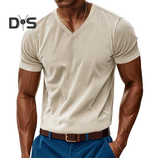 

Мужская вельветовая футболка с V-образным вырезом, летняя трикотажная футболка с коротким рукавом, повседневный деловой топ для работы, отдыха, улицы S абрикосовый