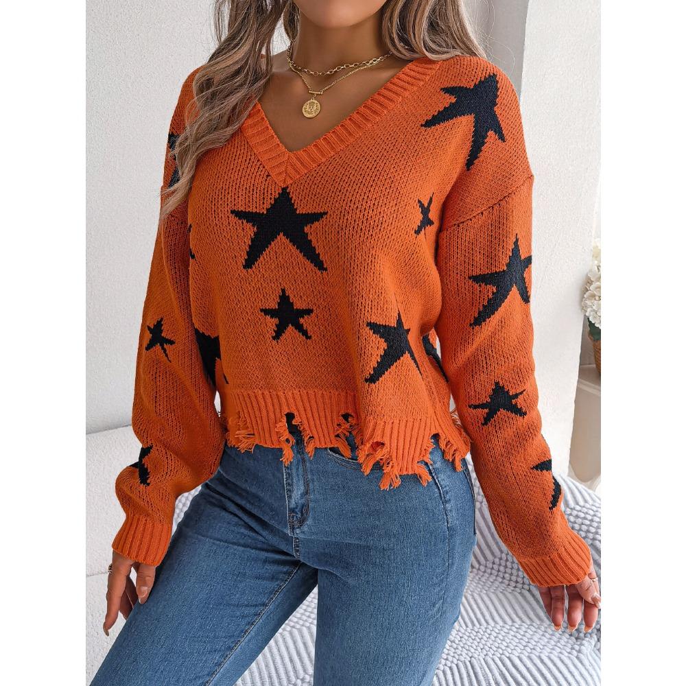 Autumn/Winter Casual V-Neck Star-Print Distressed Long-Sleeved Knitted Pullover for Women
