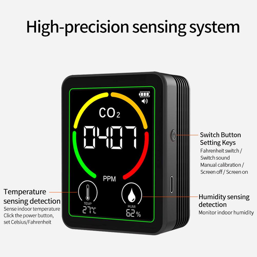3 In 1 Carbon Dioxide Detector Type-C Rechargeable CO 2 Air Quality Tester Backlit Greenhouse Gas Monitor Air Quality Detecting