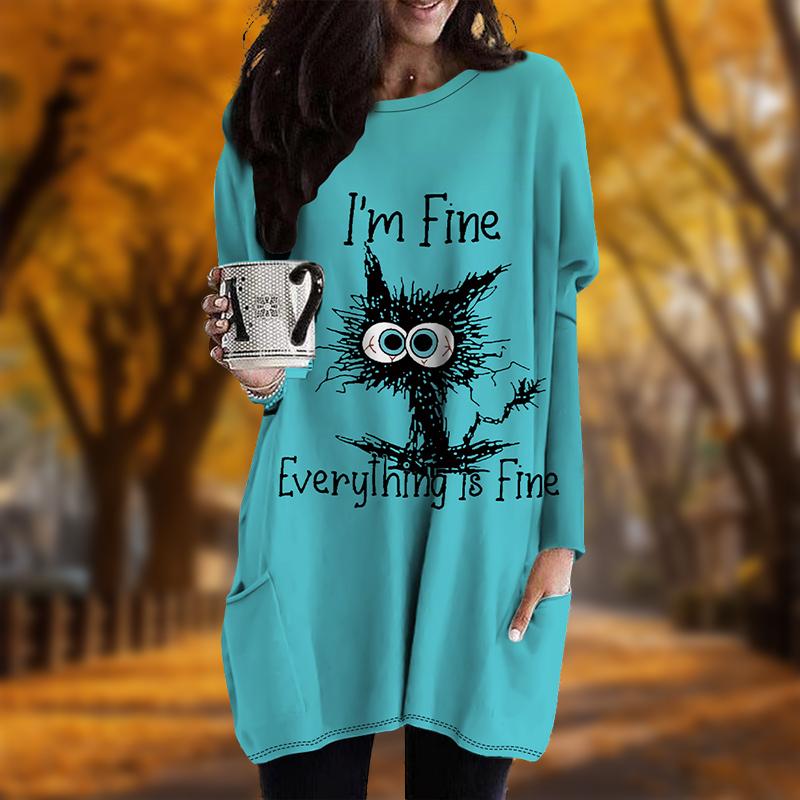 New In Autumn Melancholic Cat Print Plus Size Dress Women O'neck Long Sleeves Casual Pocket Dresses