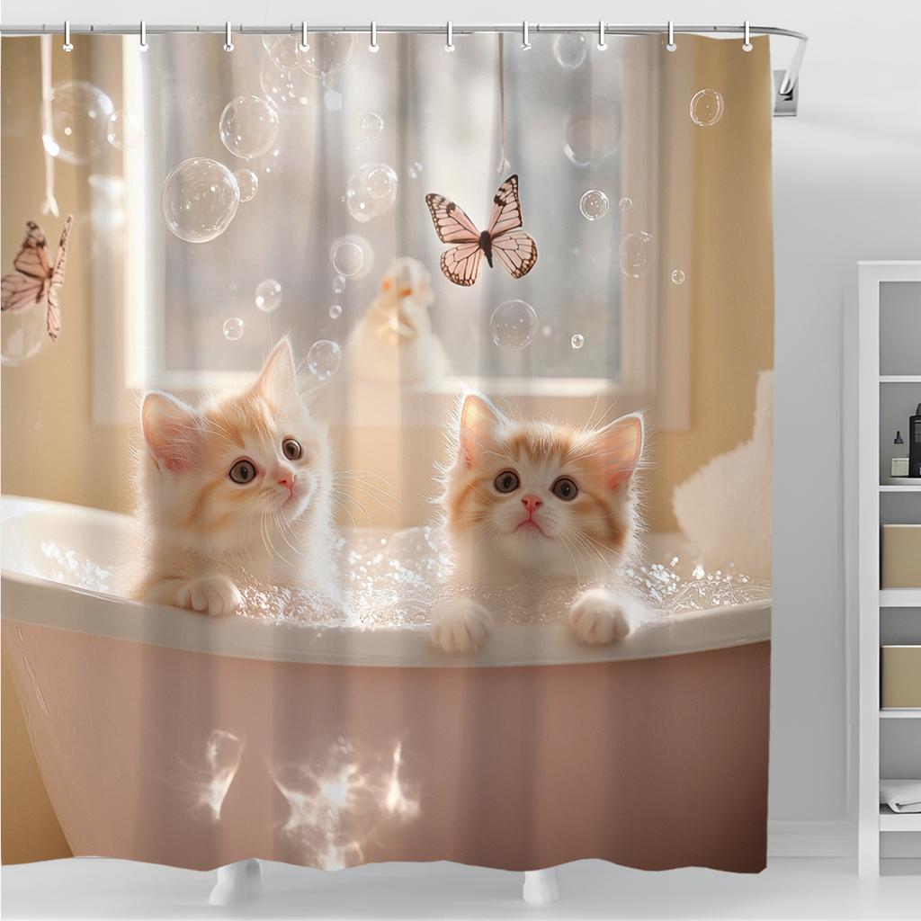 1pc Cute Cat and Butterfly Bubble Bath Shower Curtain - Bathroom Decor with Hooks, Machine Washable, Stain Resistant Design