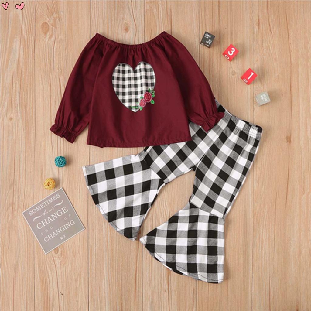 Buy Toddler Baby Girls Heart Off Shoulder Tops Plaid Bellbottom Pants Outfits at affordable