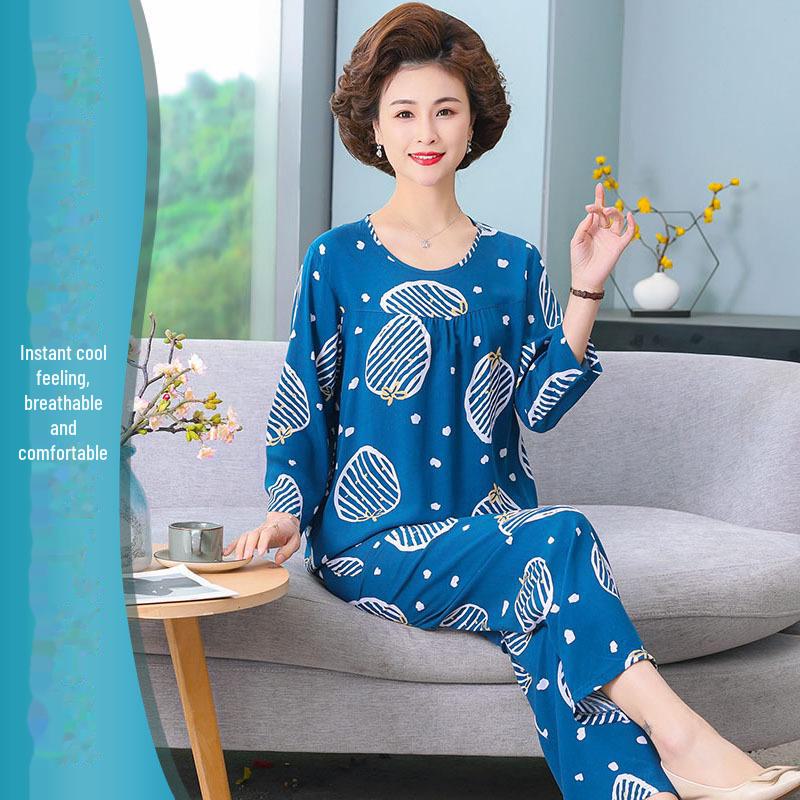 

Женская пижама из хлопка и шелка весна/лето 2025 г.: Стильный, тонкий, круглый вырез, пуловер с длинными рукавами для женщин среднего и пожилого возраста 3XL