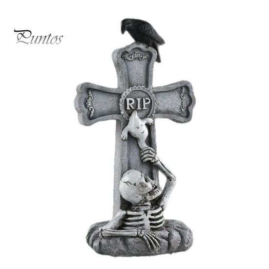 Spooky Holiday Exterior Decor Halloween Skull Tombstone, Stone Look Retro Gothic Resin Creepy Cemetery Scene Ornament Crow Gravestone for Outdoor