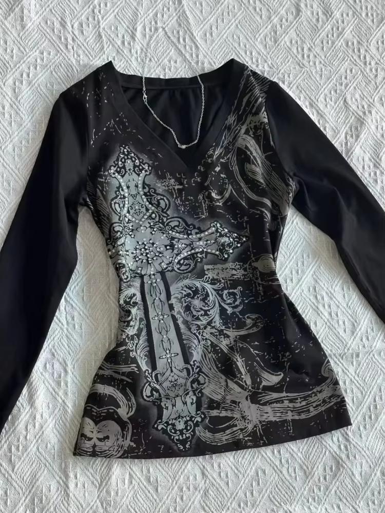 Americké Vintage Tričko Dvě Falešné Části Dámské Streetwear Hip Hop Gotické Harajuku Grunge Y2k Crop Top Černé Lebky Punková Trička