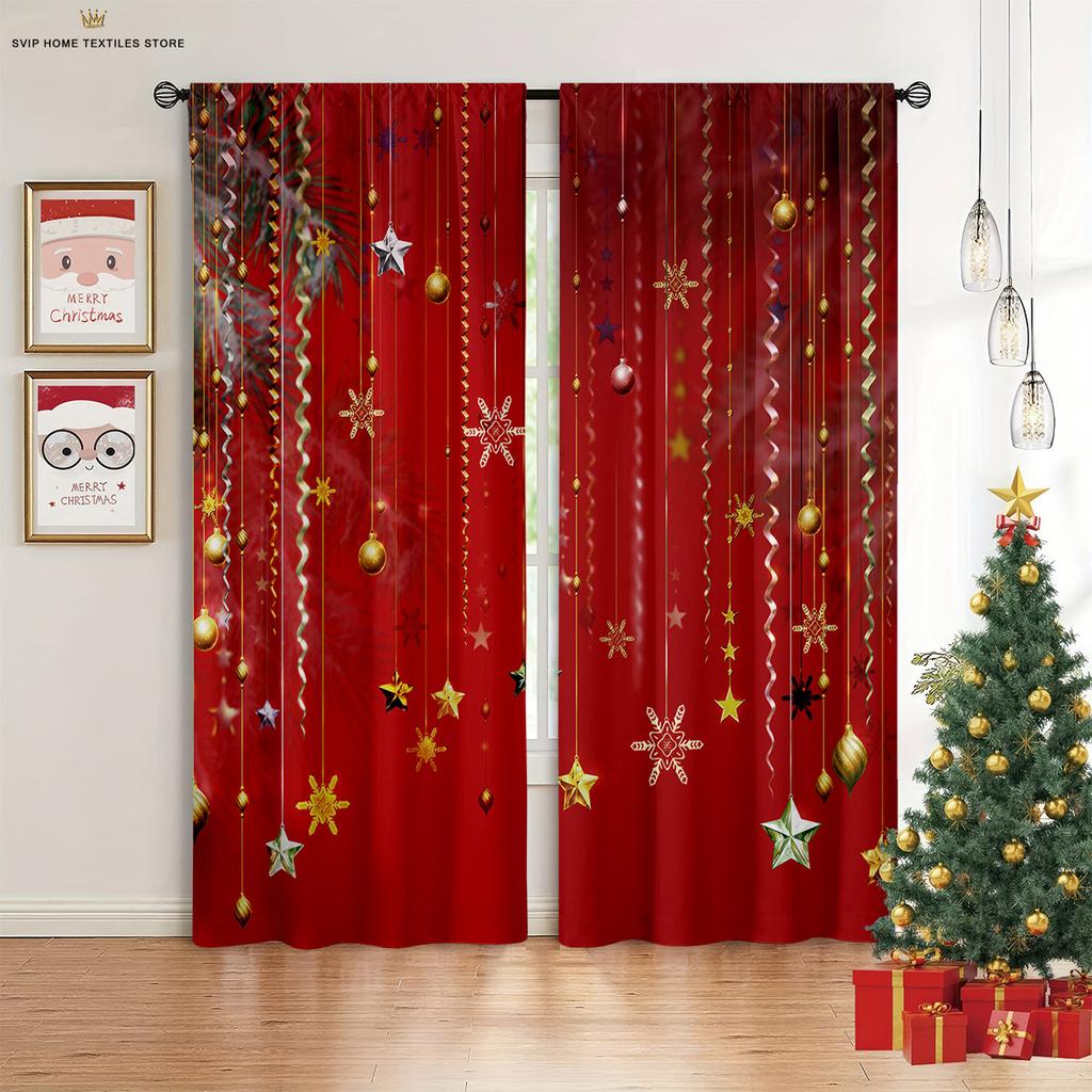 2 Pieces Christmas Decoration Curtains Christmas Tree Fireplace 3D Printing Curtains Suitable for Bedroom Dining Room New Year