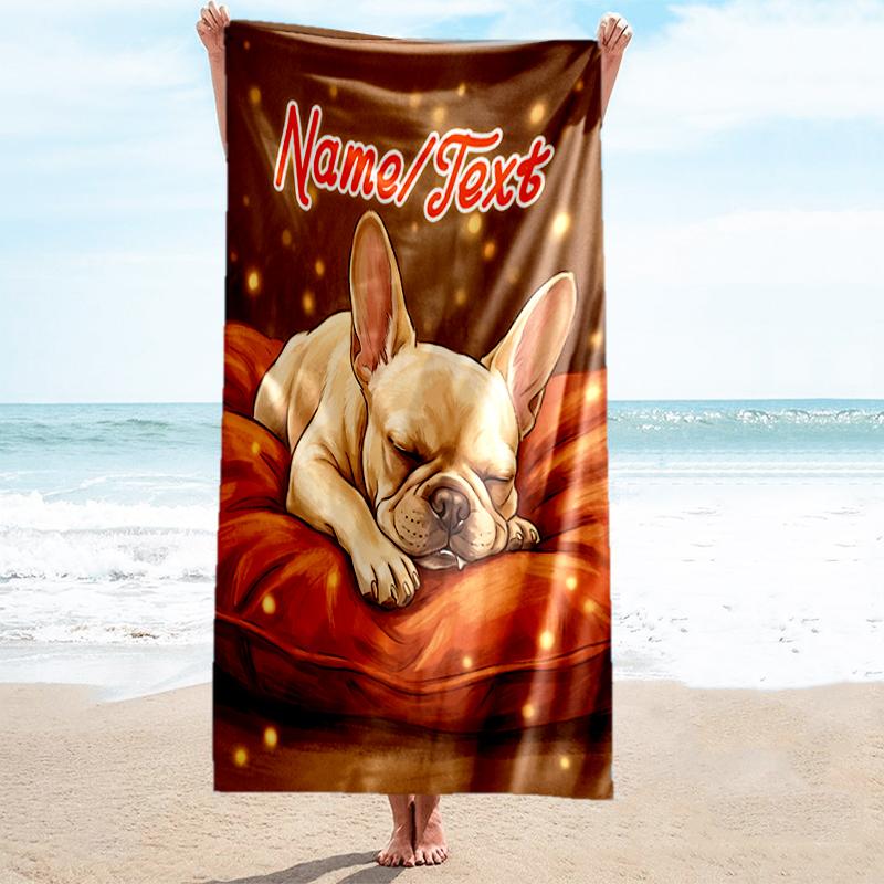 1PC Custom Name Sleepy French Bulldog Comfort Beach Towel Highly Absorbent And Sand-Resistant Towel for Swimming, Pool, Yoga, And Travel Lightweight