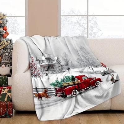 Christmas Winter Snow Red Truck and Dog Flannel Blanket Soft Warm Blanket for Bed Sofa