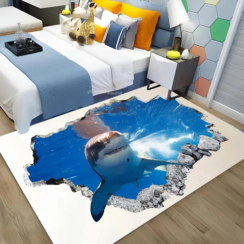 

3D Illusion Shark Breaking Ice Print Area Rug for Living Room Decor 2D Falt Non Slip Ocean Themed Floor Mat for Bedroom Sofa 50x80cm