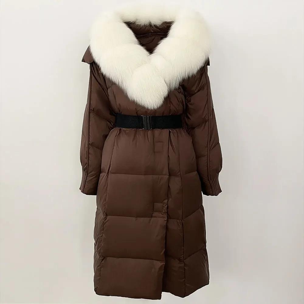 OFTBUY Winter Jacket Women Long Natural Real Raccoon Fox Fur Collar White Duck Down Coat Belt Thick Warm Casual Outerwear
