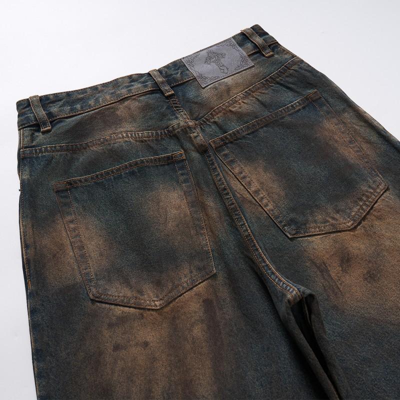 Mens Vintage Washed Distressed Wide Leg Low Rise Jeans With Hand-Painted Details Raw Hem