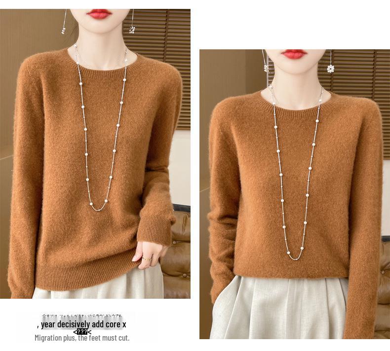 Damski sweter dzianinowy z okrągłym dekoltem na jesień/zimę 2024, 100% czysta wełna