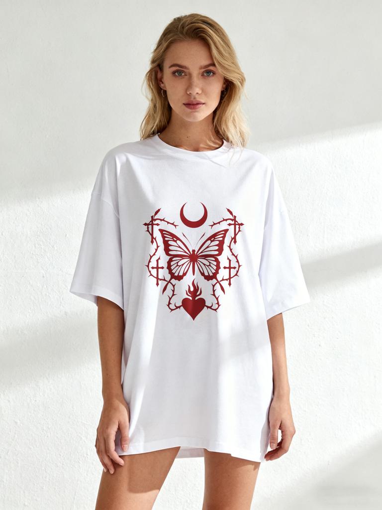Black Oversized T Shirt With Red Butterfly Moon And Heart Print For Casual Wear