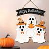 Halloween Wooden Hanging Sign | Multi-Color Festive Decor with Ghosts In Costumes & Pumpkin Design | Bohemian Style Wall Art